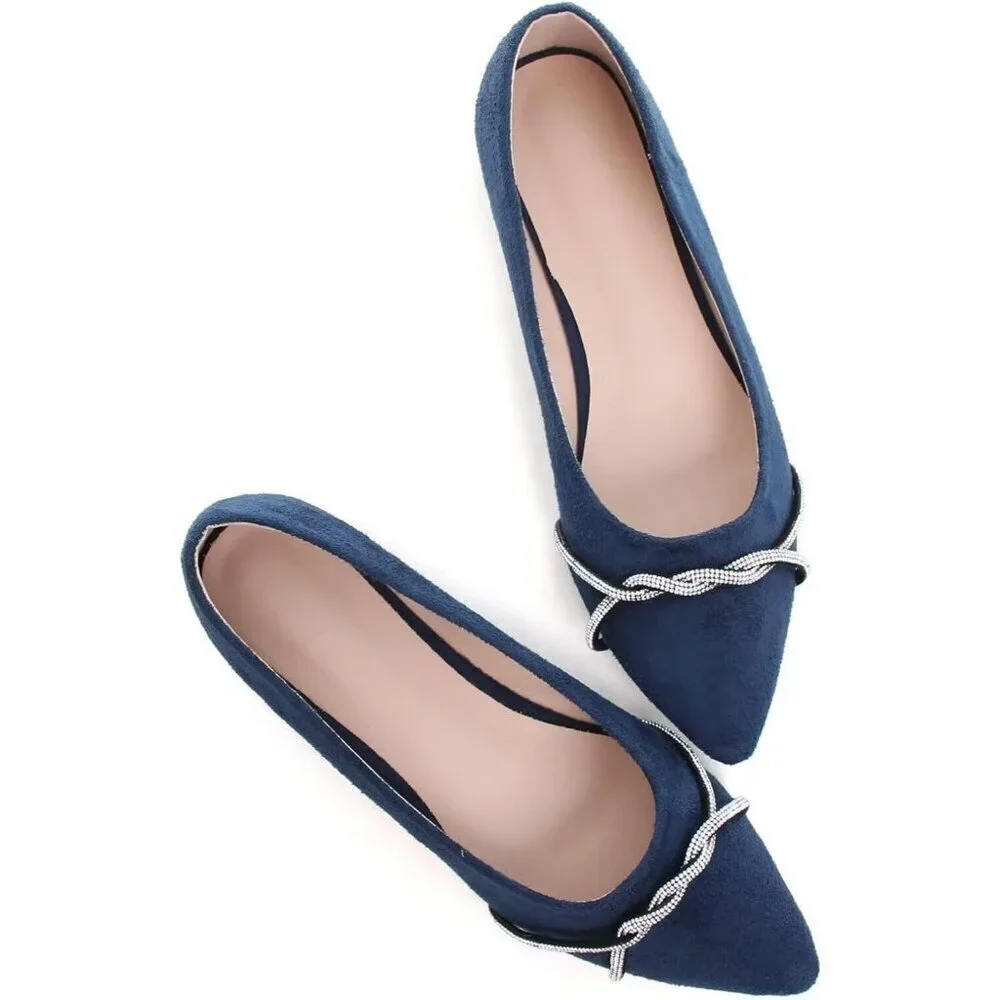 Women's Blue Casual Flats Fashion Chain Pointed Toe Ballet Flat Rhinestone